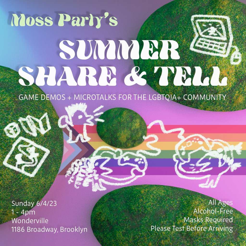🌿🏳️‍⚧️🏳️‍🌈💐🎮🧩🌿
Moss Party is TODAY <a href="/wondervillenyc/">Wonderville 🕹</a> ! 
1-4pm, come demo games and see microtalks by the queer game dev community here in NY! ❤️‍🔥
Talks begin at 2:30

RSVP at the Eventbrite in the thread ⬇️
