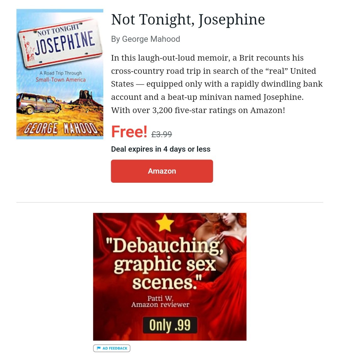 georgemahood's tweet photo. Not Tonight, Josephine is FREE today and tomorrow! Please spread the word.

Some people were emailed the offer with this review for another book below it. Anyone downloading my book hoping for "debauching graphic sex scenes" is likely to be very disappointed. 🤣 https://t.co/ZRAf9sBRLN