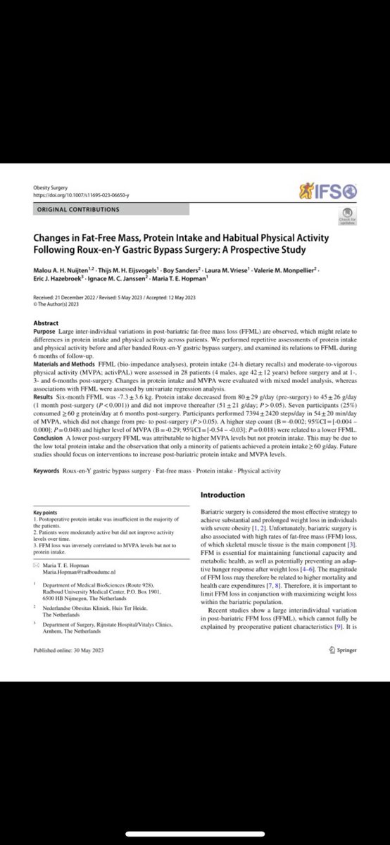 Our latest paper, led by Malou Nuijten, on changes in protein intake and physical activity following bariatric surgery is now published at #Obesity #Surgery. Happy with the second one being published in a short amount of time!

Link: researchgate.net/publication/37…