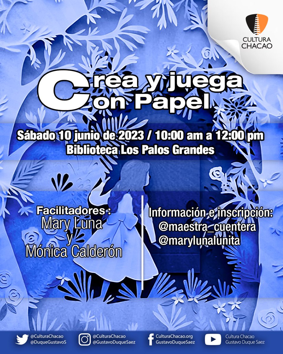💡🪄crea y juega con papel  

Facilitadora:Mary Luna  
 y Mónica Calderón

📅 sábado #10junio de 2023
🕑10:00 am a 12:00 pm
📍 Biblioteca Los Palos Grandes

Dirigido a: niños y jóvenes entre 7 y 14 años. 
➡️ Info e Inscrip instagram @maestra_cuentera <a href="/marylunalunita/">maryluna gomez</a>

#chacao