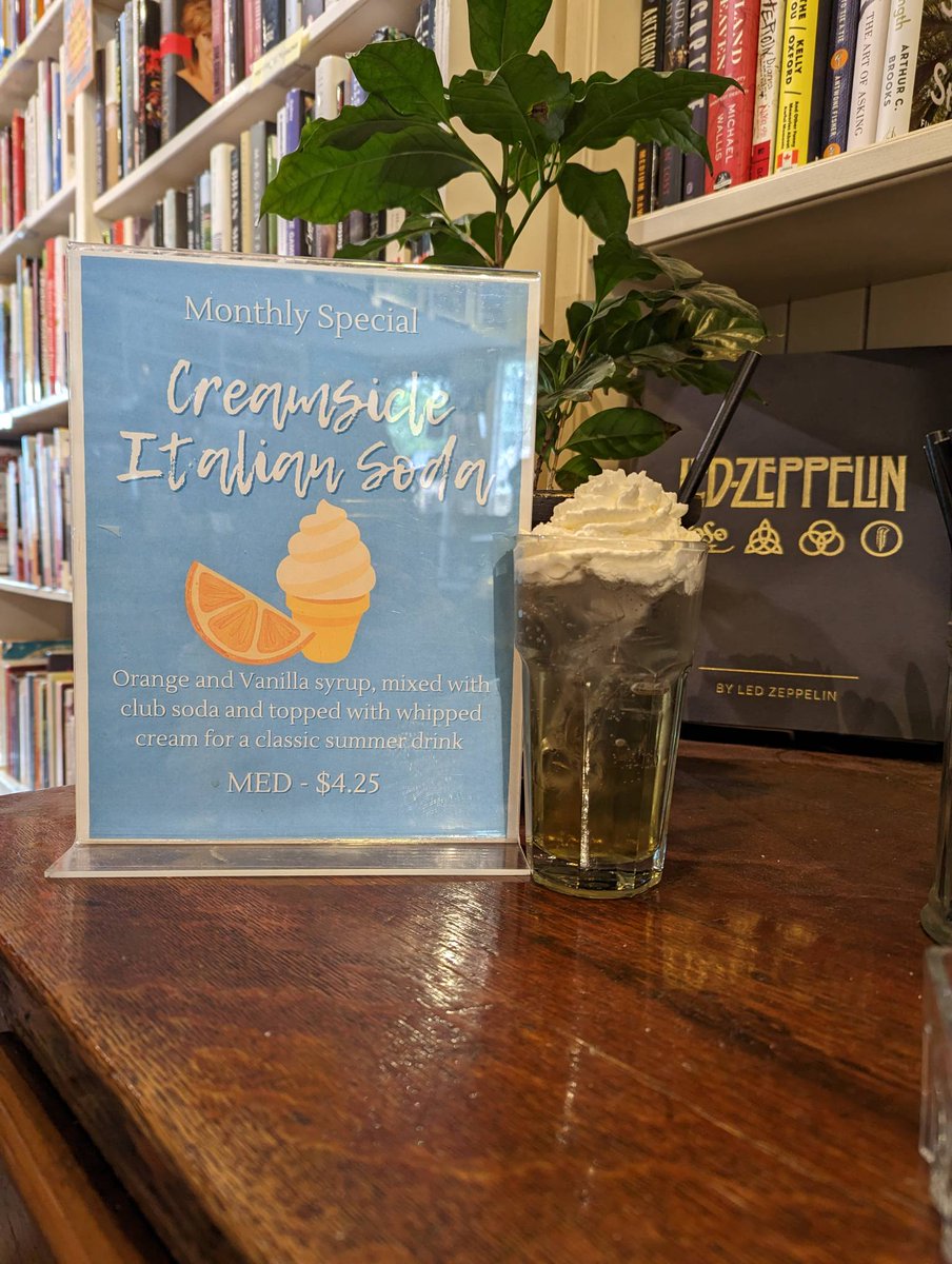 We have a delightful new drink for June! The Creamsicle Italian soda! Vanilla and orange syrup, mixed with club soda and topped with whipped cream... This is a refreshing twist on a beloved ice cream!