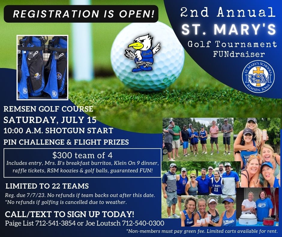 Remsen St. Mary's (@rsmschools) on Twitter photo Be sure to put the 2nd Annual RSM Golf Tournament on your calendar for July 15. Register by July 7 for a great day of fun! #golf #tournament #prizes <a href="/scdiocese/">Diocese of Sioux City</a> <a href="/LumenMediaSC/">Lumen Media</a> Be sure to put the 2nd Annual RSM Golf Tournament on your calendar for July 15. Register by July 7 for a great day of fun! #golf #tournament #prizes <a href="/scdiocese/">Diocese of Sioux City</a> <a href="/LumenMediaSC/">Lumen Media</a>