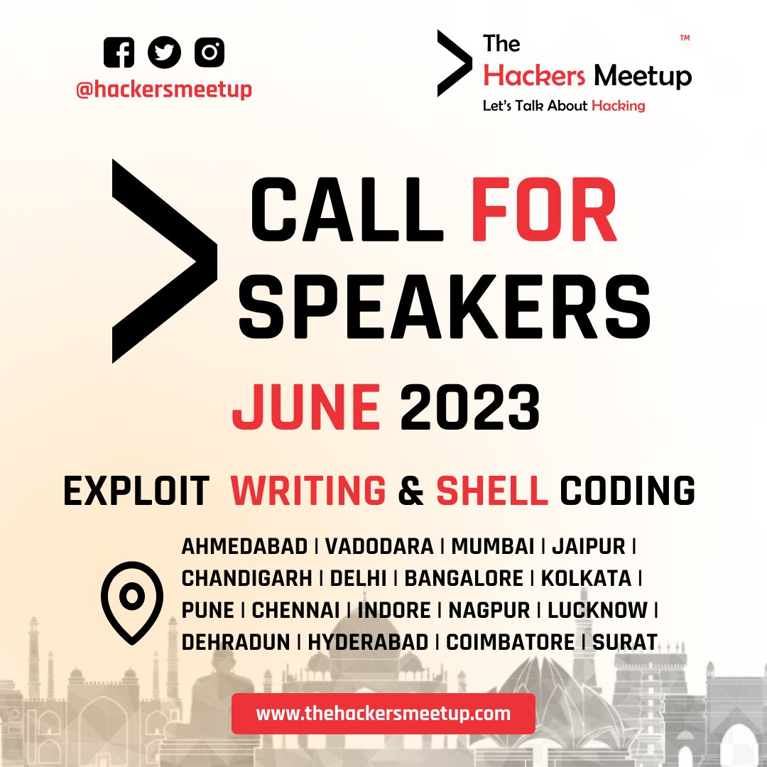 Hackers_Meetup's tweet photo. ๐๐๐ฅ๐ฅ ๐
๐จ๐ซ ๐๐ฉ๐๐๐ค๐๐ซ The Hackers Meetup India
Lets talk about #Hacking #HackTalk .
We are Looking for Speakers in our upcoming the Hackers meetup events
Speakers Registration: https://t.co/5fnTtrKUxV
June 2023, Exploit Writing & Shell Coding
#TheHackersMeetup https://t.co/rS5ePK23Nk