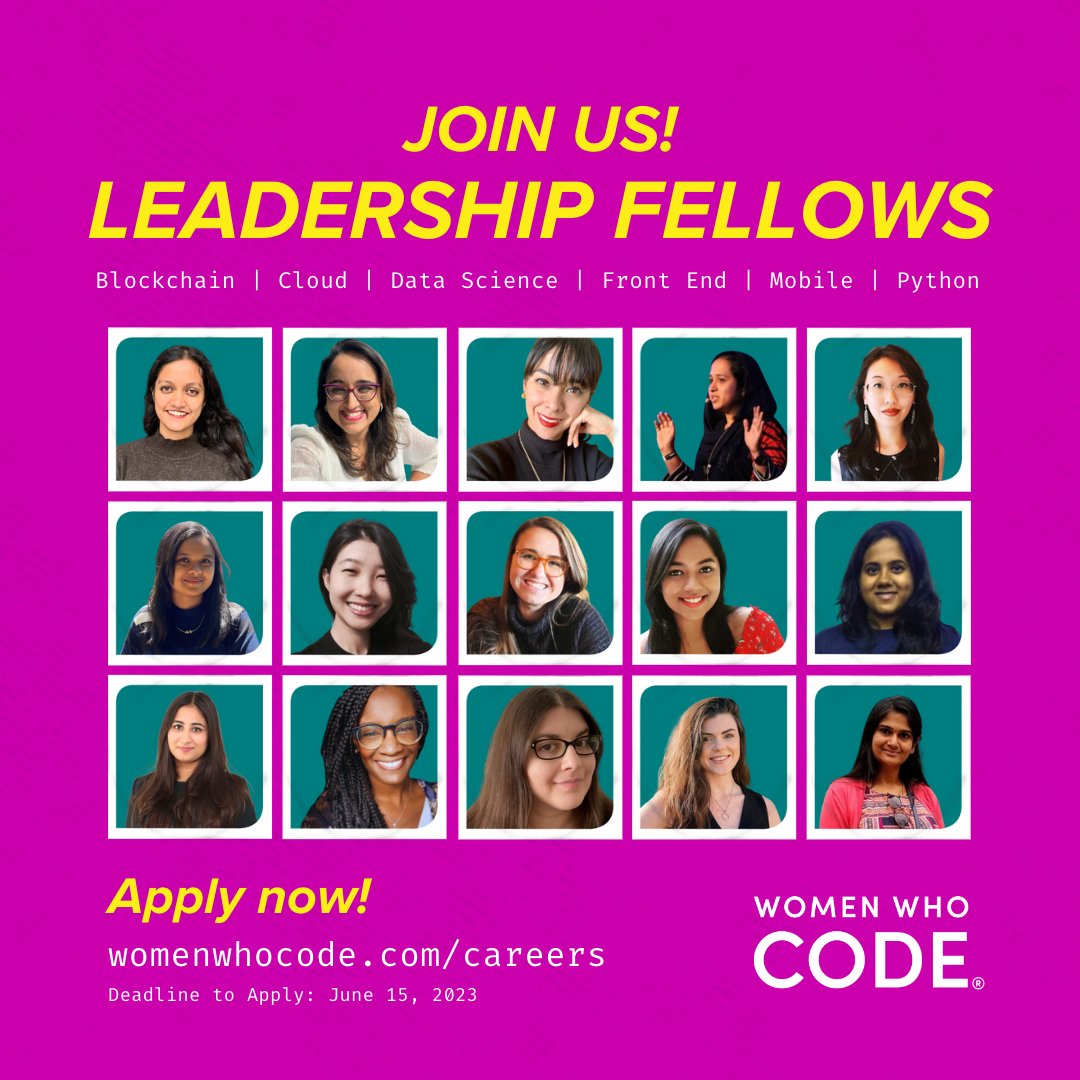 🌏 Applications for the 2023-2024 #WomenWhoCode Leadership Fellowship are now open!

🌟 Be a catalyst for change in tech through community building, program development, event leadership, and mentorship.

🖋️ Apply by June 15th, 2023
womenwhocode.com/careers/leader…

#WomenInTech
#WWCode