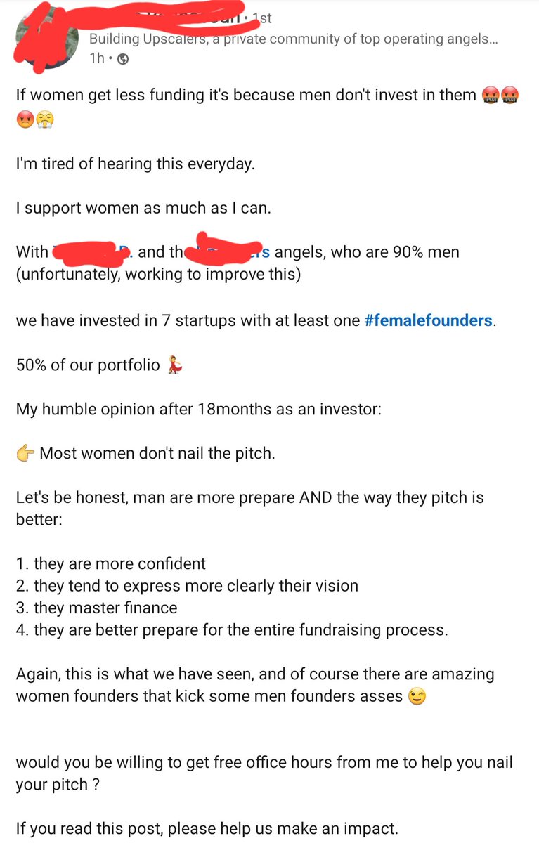 This was a post from an investor on Linkedin, and I was shocked to read it in 2023. Despite my years heading up teams at Instagram, J.P. Morgan and numerous agencies - sadly, I know I will be judged immediately on my gender even before I've opened my mouth.

#IndieGameDev #VCS
