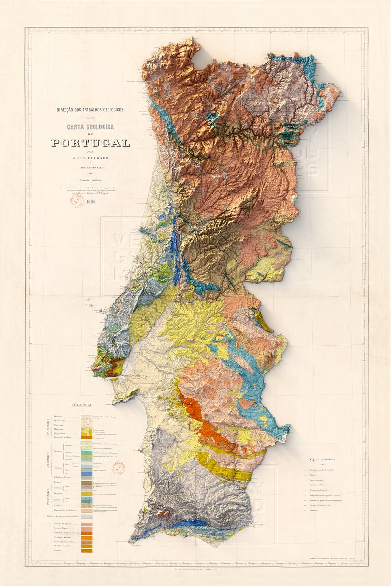 verygoodmaps's tweet image. Geologic map of Portugal from 1899. God damn today even the simplest georeferencing task was difficult. #portugal #geography #shadedrelief