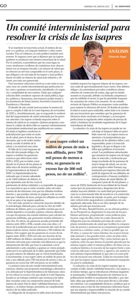 📰 Nuestro director #EduardoEngel explica en su columna de <a href="/ElMercurio_cl/">elmercurio_cl</a> la necesidad de instalar un comité interministerial para resolver la crisis de las #isapres , dadas las consecuencias sistémicas y sociales que esta conlleva👇🏻