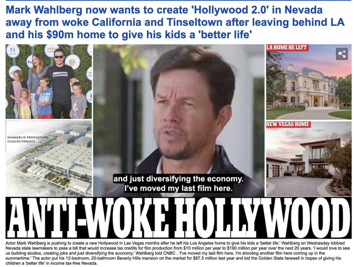 Love this idea @markwahlberg

Mark Wahlberg now wants to create 'Hollywood 2.0' in Nevada away from woke California and Tinseltown after leaving behind LA and his $90m home to give his kids a 'better life'