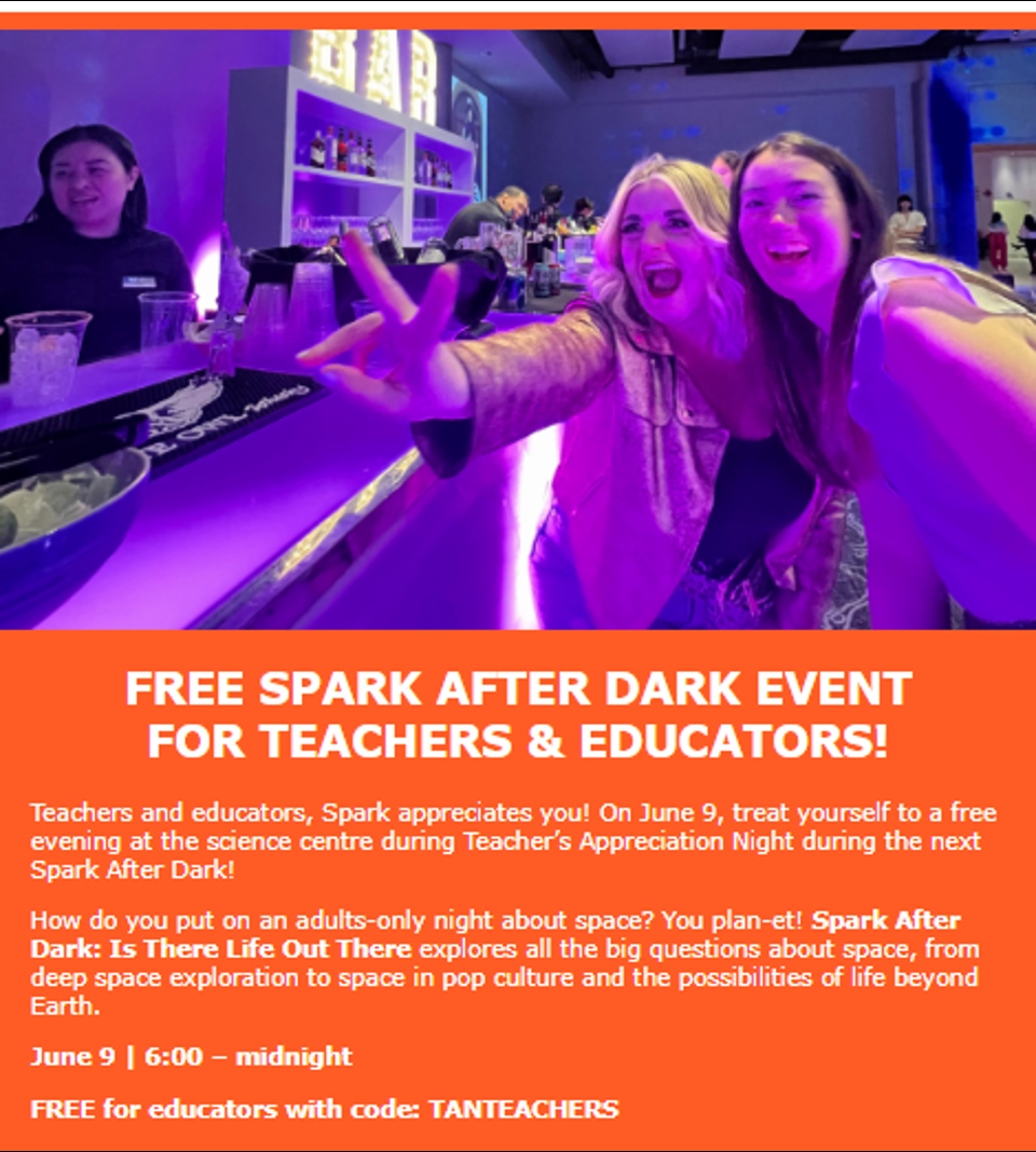 ATALocal55's tweet photo. FREE TEACHER APPRECIATION NIGHT
Telus World of Science
Spark After Dark - June 9th; 6:00pm - Adults ONLY
Come have some fun at the "Out of this World" Spark After Dark, Adults Only event - all educators are welcomed free with special code.
#weareata #telusworldofscience https://t.co/qnHhTYnUW6