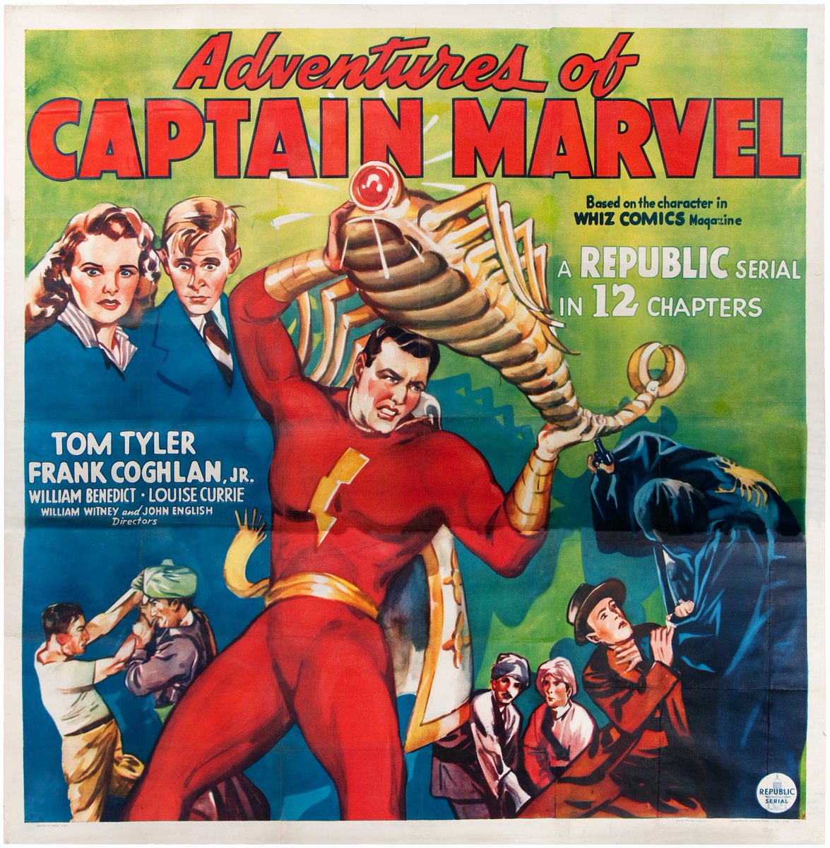 HakesAuctions's tweet photo. SOLD FOR $12,980! Collectors went all in at @HakesAuctions for this #rare six-sheet #movieposter for the 1941 #RepublicPictures #movieserial #AdventuresOfCaptainMarvel! Contact Hake's to sell your #comicbooks & #movieposters! ⚡️
#Fawcett #CaptainMarvel #Shazam #collector https://t.co/0LZhlwW5uN