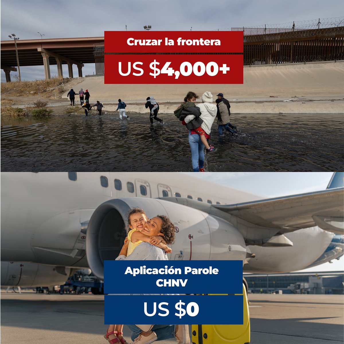 No confíes en los coyotes a quienes no les interesa tu seguridad ni la de tu familia, sólo quieren tu dinero. Cuida tu futuro, llegar a EE. UU. de una manera legal si es posible, para conocer los detalles del programa de Parole visita:  uscis.gov/es/CHNV