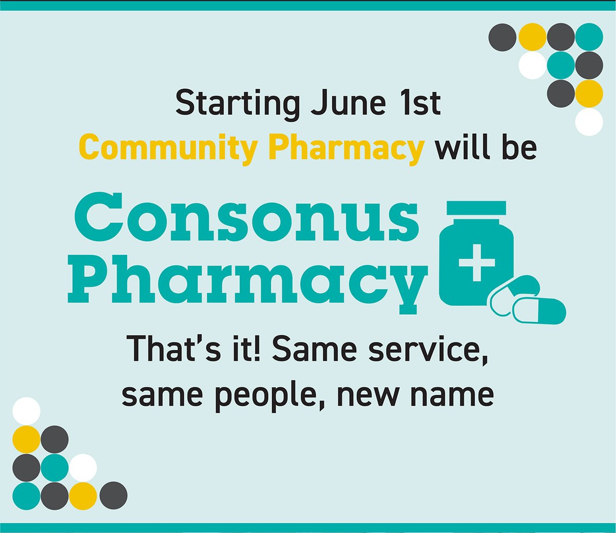 CPharmacyLTC's tweet photo. Remember to follow @ConsonusHealth to stay up to date with us! Same people, same service, new name. https://t.co/DV63q045bV