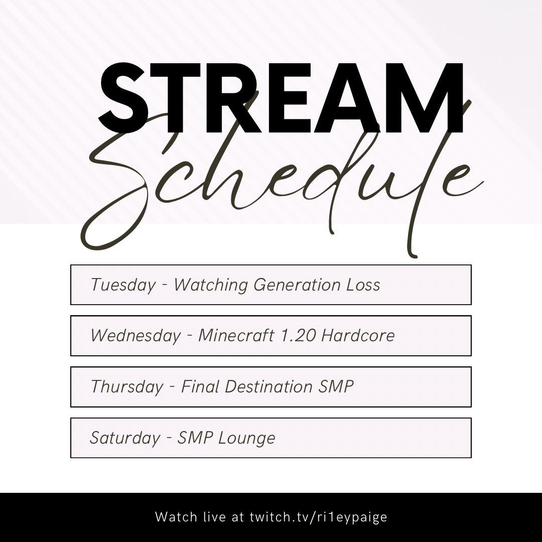 ri1eypaige's tweet image. Stream schedule for this week! Watching Gen Loss for the first time, testing the new Minecraft update, and playing on @FinalDestSMP for the first time! Will still be fundraising for Rainbow Railroad throughout the week for @FlzzVT Fest and hosting the giveaway for the gift card!