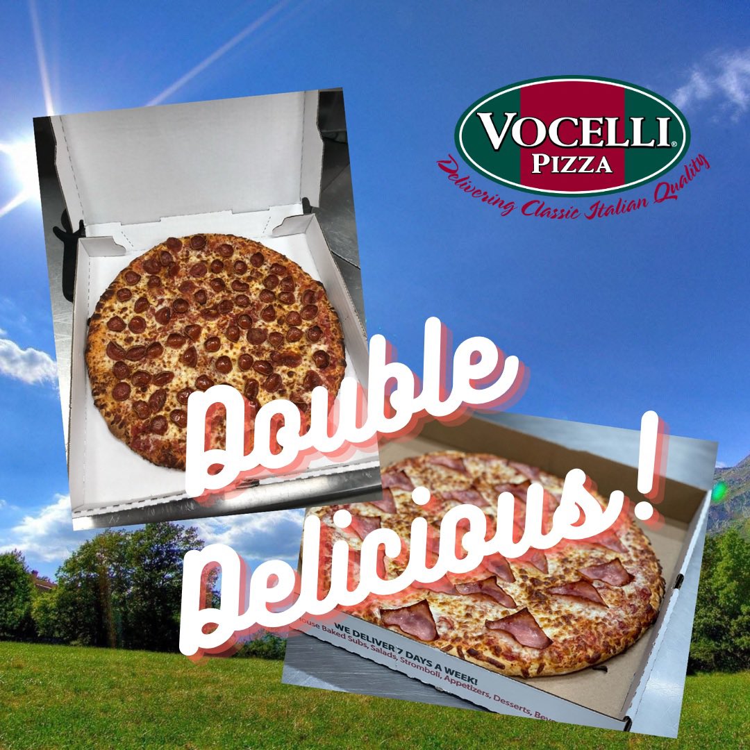 😃 FINISH UP YOUR BEAUTIFUL WEEKEND WITH OUR DOUBLE THE DELICIOUS SPECIAL! Get two 1-topping pizzas of any size for a special price. Order vocellimd.com We deliver! #crofton #vocellipizza #pizza #pasadenamd #glenburnie #vocelli #pizzadelivery #carryout #delivery #food