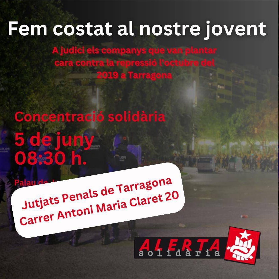 ❌ Demà jutgen 4 independentistes encausats per participar a les protestes post-sentència amb acusacions de la Fiscalia i la Generalitat!

A les 8:30 hi ha concentració solidària als Jutjats Penals de Tarragona (Antoni Maria Claret, 20)

Màxima solidaritat amb el nostre jovent!✊