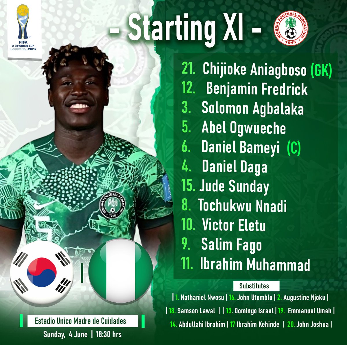 How the 🇳🇬Flying Eagles line up against 🇰🇷South Korea in their quarter - final game at the #U20WC 

Reach for the skies🦅

#SoarFlyingEagles 
#FIFAU20WorldCup