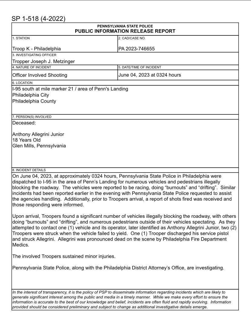 The Pennsylvania State Police Troop K - Philadelphia Station; Press Release regarding the incident that occurred on I-95 southbound at mile marker 21.0 on 06/04/23 at 0324 hours.