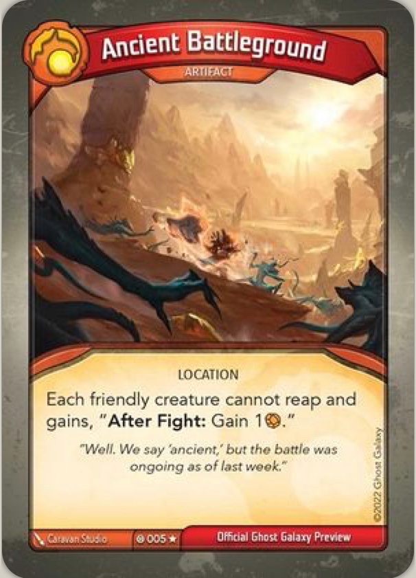 thundrofect's tweet photo. Man, I want to make Ancient Battleground work, but end up discarding it 90% of the time. Maybe it could’ve been each friendly creature enters play enraged and gains after fight: gain 1 and enrage this creature? #keyforge https://t.co/lIMdbXo6bm
