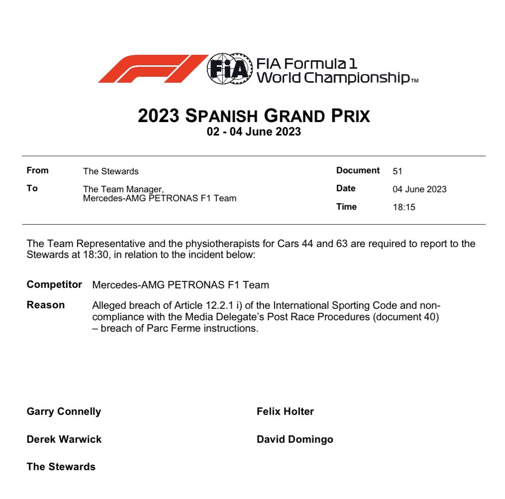 lorenz85's tweet photo. ❗BREAKING NEWS ❗

The #F1 stewards have summoned Mercedes over alleged breaches of Parc Ferme rules.

#F1 #SpanishGP https://t.co/CI7kwh1ELw