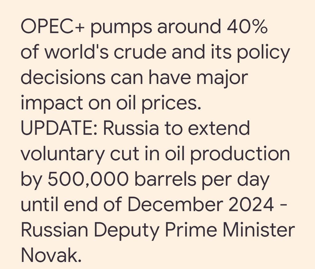 🛢Organization of Petroleum Exporting Countries (#OPEC+) reach agreement to extend output cuts into 2024.
OPEC countries to adjust level of #crude oil production to 40.46 million barrels per day.