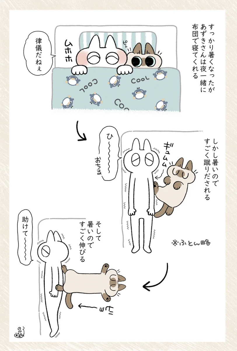 暑くなっても一緒に布団で寝てくれるものの･･･！とっても可愛い「猫漫画」が話題に！