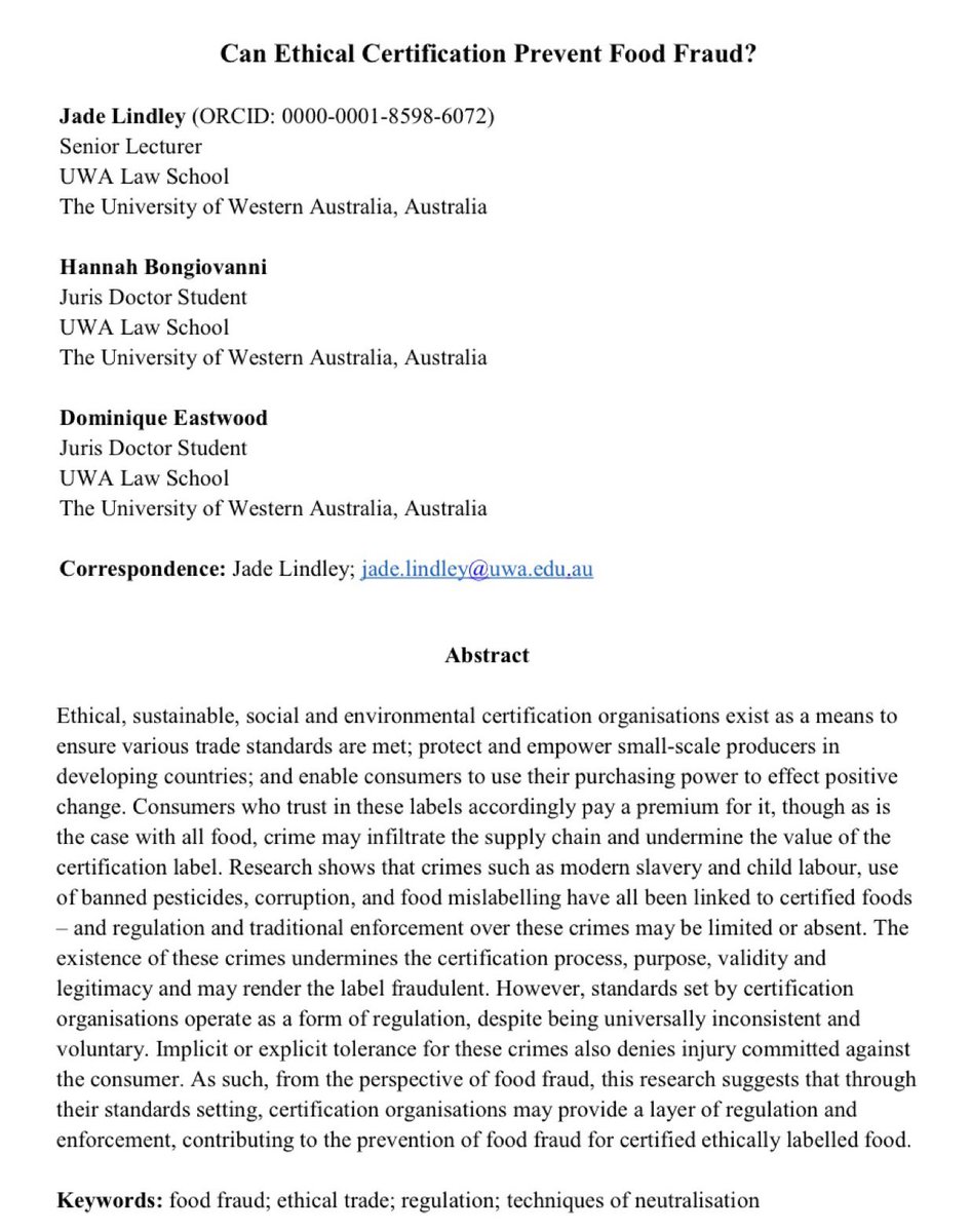 ⏰ Time for another #ResearchArticle in Vol. 7, Issue 3:

@DrJadeLindley & colleagues outline the issues and impacts of #food #fraud and non-compliance with laws and regulations, and explore related #crime #prevention measures. 

#OpenAccess

Read more: ruralcriminology.org/index.php/IJRC…