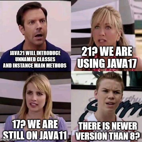 #Java developers.

Enjoy the laugh.

More importantly, upgrading matters!

Java 21 is gonna be lit!

Learn more: openjdk.org/projects/jdk/2…

#OpenJDK #JDK #Java21 #JDK21