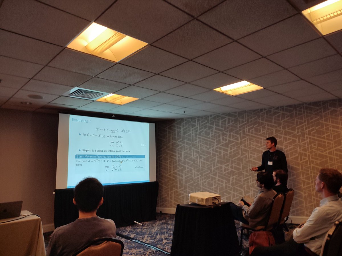 DanBrosch's tweet photo. A strong representation of SDPs at #SIAMOP23 from @alpenadriauni this week! Melanie Siebenhofer attacked the edge expansion, Diane Puges introduced bounds for the cutwidth, Jan Schwiddessen presents a new MaxCut solver, and I talked about new tools for Sidorenko's conjecture. https://t.co/bqNKuPSi0y