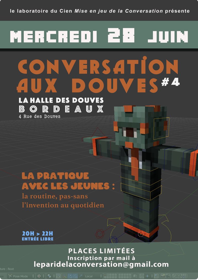 Conversation aux Douves #4
La pratique avec les jeunes : la routine, pas sans l'invention au quotidien
 
Mercredi 28 juin
20h à la Halle des Douves - 4 rue des Douves - Bordeaux
 
Places limitées
Entrée libre