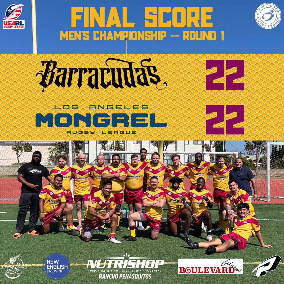 SD_Barracudas's tweet photo. FINAL SCORE
It's honors even at Zamperini Stadium, as the boys bring a valuable competition point back to San Diego with a 22-22 tie against @la_mongrel
Full match report to follow
#SDvsEverybody #rugbyleague #rugby https://t.co/Iz4n9PBoBp