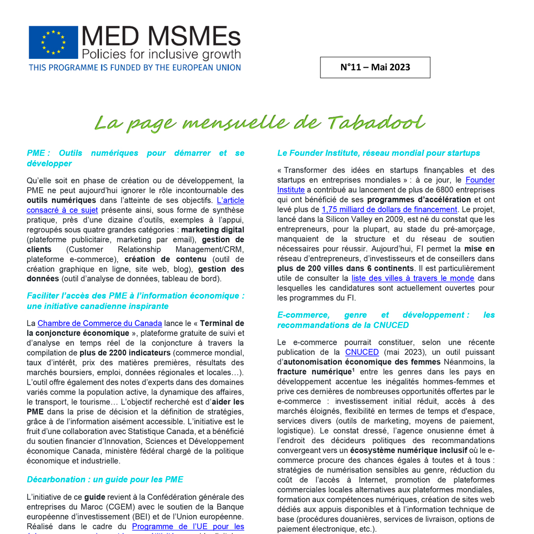 🔥 #TABADOOL Mai 2023! 🔥  
ci-dessous la page mensuelle #TABADOOL N11 de #Mai 2023, 
Bonne lecture ! 
👉 lnkd.in/dGetzUCk
#Newsletter #CoP #CommunityofPractice #MSMEs #Tabadool