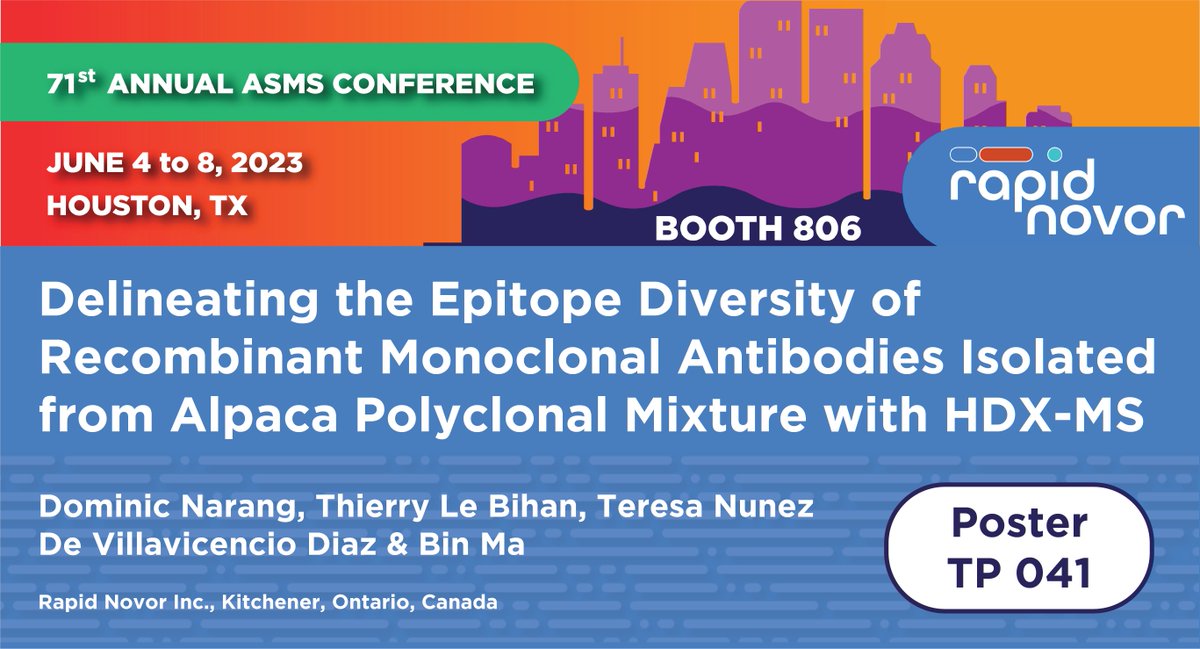 rapidnovor's tweet image. On June 6th, make sure to check out our poster TP 041 at #ASMS2023 @asmsnews! We’ll present our recent case study of #denovoseq &amp;amp; #epitopemapping of alpaca #monoclonalantibodies directly from the #immunoserum. #proteomics #bioinformatics #massspectrometry
