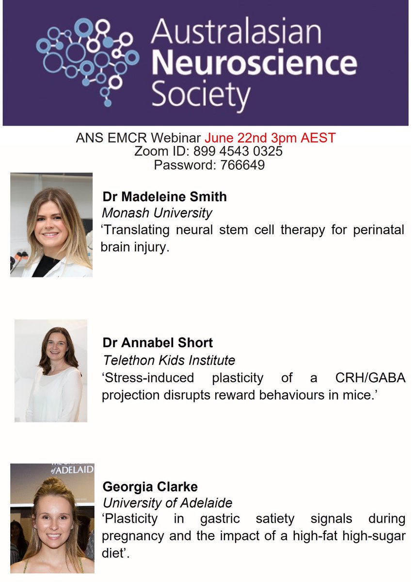 The ANS EMCR Committee has an exciting Webinar on the 22nd of June at 3pm AEST. We have three fantastic presenters from various fields of neuroscience. See below for further information and keep an eye out for the link to the Webinar!