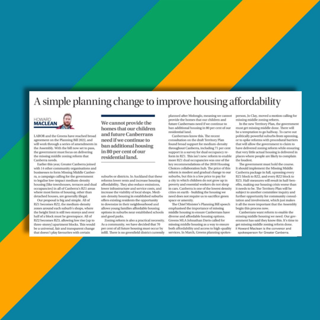 With the Planning Bill now set to pass, it’s time for the ACT Government to embrace the <a href="/MissingMidCBR/">Missing Middle Canberra</a> platform to create the more abundant and sustainable housing options Canberrans need. Catch the latest op-Ed from our Convenor <a href="/HowardFMaclean/">Howard Maclean</a> below. canberratimes.com.au/story/8221027/…
