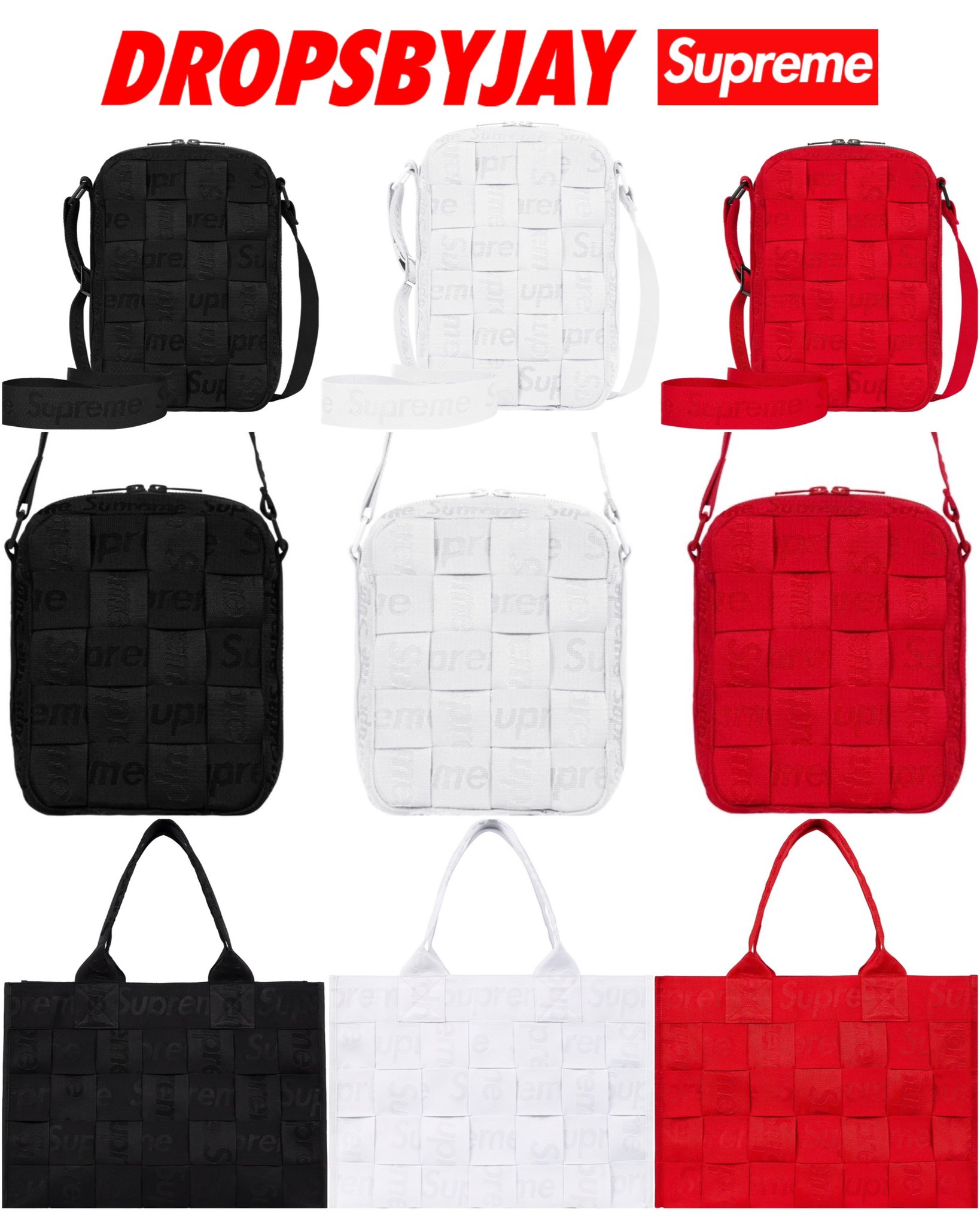 DropsByJay on X: Supreme Woven Shoulder Bag and Large Tote also releasing  this week! Available in Red, White and Black. Stay tuned for more Week 16  news set to come soon. Who's