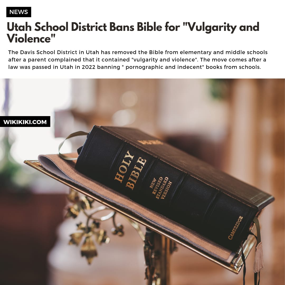 Utah School District Bans Bible for ‘Vulgarity and Violence’...

wikikiki.com/utah-school-di…

#utahschool #utahschools #wiki #bansbible #bibleban #wikikiki #vulgarity #violence #news #vulgarityandviolence #utahnews #biblenews #davisschool #davisschooldistrict #utah2023