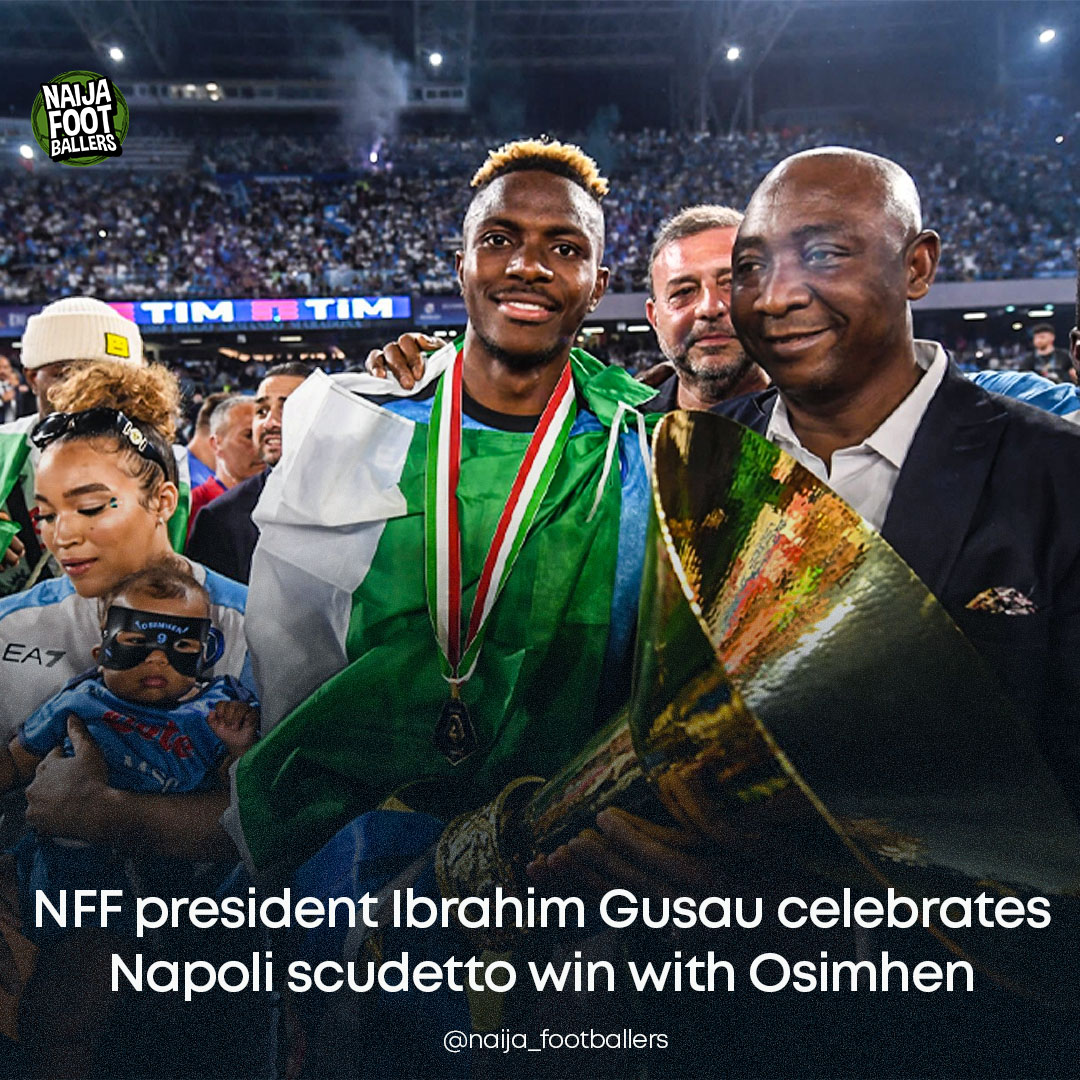 NFF President Ibrahim Musa Gusau celebrates with Victor Osimhen. Napoli and Nigeria striker Victor Osimhen has become the first-ever African player to win the Golden Boot in Serie A. 

His impressive goal-scoring record of 26 goals in 32 Serie A appearances