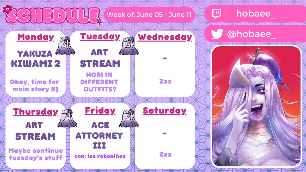 🌸【STREAM SCHEDULE】🌸
🗓️@ June 05 - June 11

Back at it again??? I HOPE.
*Art Streams may vary.

See you there? 👀

🌸↓ LINKS BELOW ↓ 🌸
_____
 🎨hobi art by: twitter.com/ankariakro
「#ESVTuber | #Vtuber | #ENVtuber 」