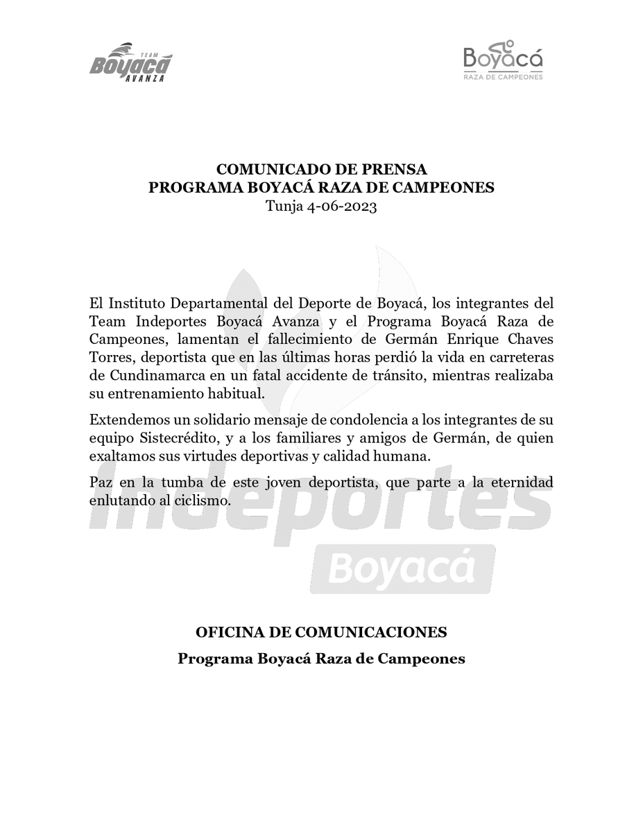 TeamBoyaca_'s tweet photo. Los integrantes del Team Indeportes Boyacá Avanza, lamentan profundamente el fallecimiento del corredor Germán Chaves, mientras realizaba su entrenamiento habitual en carreteras de Cundinamarca.🖤 #QEPD https://t.co/Fv5IVKVi8t