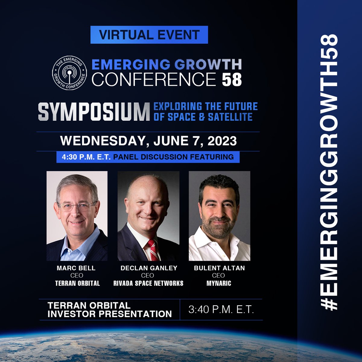 On Wednesday, June 7, 2023, #TerranOrbital CEO @Marcbell will host the virtual investor event @EmergingGrowthC at 3:40 pm ET and have a panel discussion with @rivadaspace and @mynaric at 4:30 pm ET Register here: bit.ly/3N5DIvw $LLAP #EmergingGrowth #InvestorConference