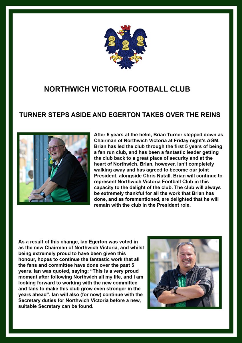 Northwich Victoria Football Club's AGM was held on Friday 2nd June 2023. Brian Turner after five years as Chairman stepped aside, please see the full statement from the club below. @Ianegerton1974 @lilysavage12345 @NVFC_U21s @silk1069 @NorthwichNews #NVFC #TheVics #TheTrickies