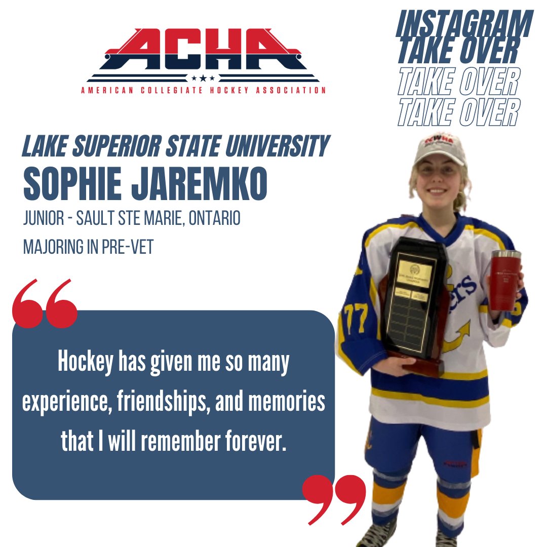 📣 Join us tomorrow over on Instagram for another player takeover! Watch our stories to ask
<a href="/LSSUWHKY/">LSSU Womens ACHA Hockey</a> player, Sophie Jaremko, questions about her experience as an ACHA women's college hockey player! #playertakeover #womenshockey
