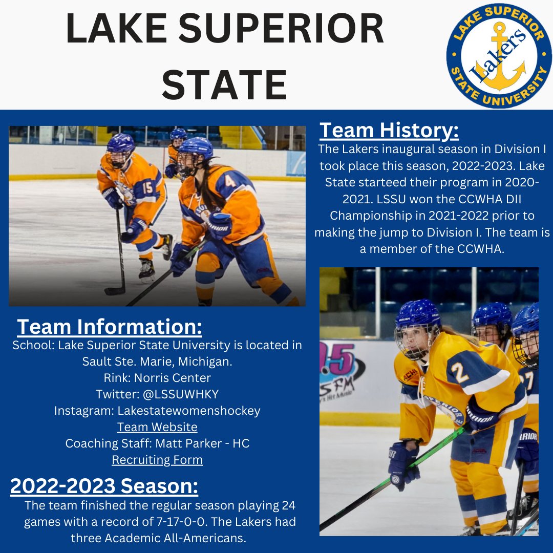 Team spotlights continue! Today’s spotlight is <a href="/LSSUWHKY/">LSSU Womens ACHA Hockey</a>. Lake State player, Sophie Jaremko is taking over our Instagram account today to answer your questions about her experience playing ACHA college hockey at Lake Superior State University! #teamspotlight #womenshockey