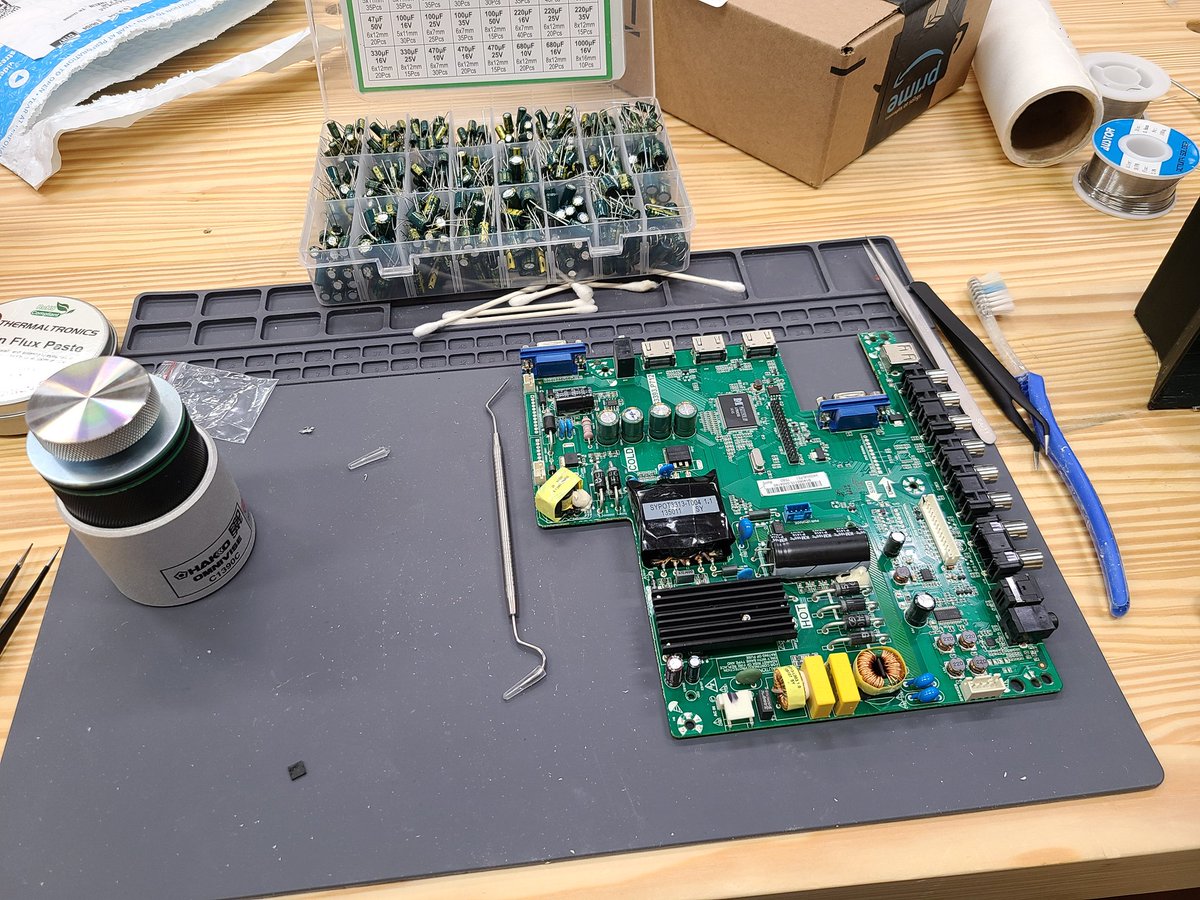 Brad Rodriguez (@fixthisbuildtht) on Twitter photo Channeling my inner <a href="/TronicsFix/">TronicsFix</a> and gonna replace some caps on this TV motherboard. Wish me me luck! See if I can save this thing from the trash. Channeling my inner <a href="/TronicsFix/">TronicsFix</a> and gonna replace some caps on this TV motherboard. Wish me me luck! See if I can save this thing from the trash.