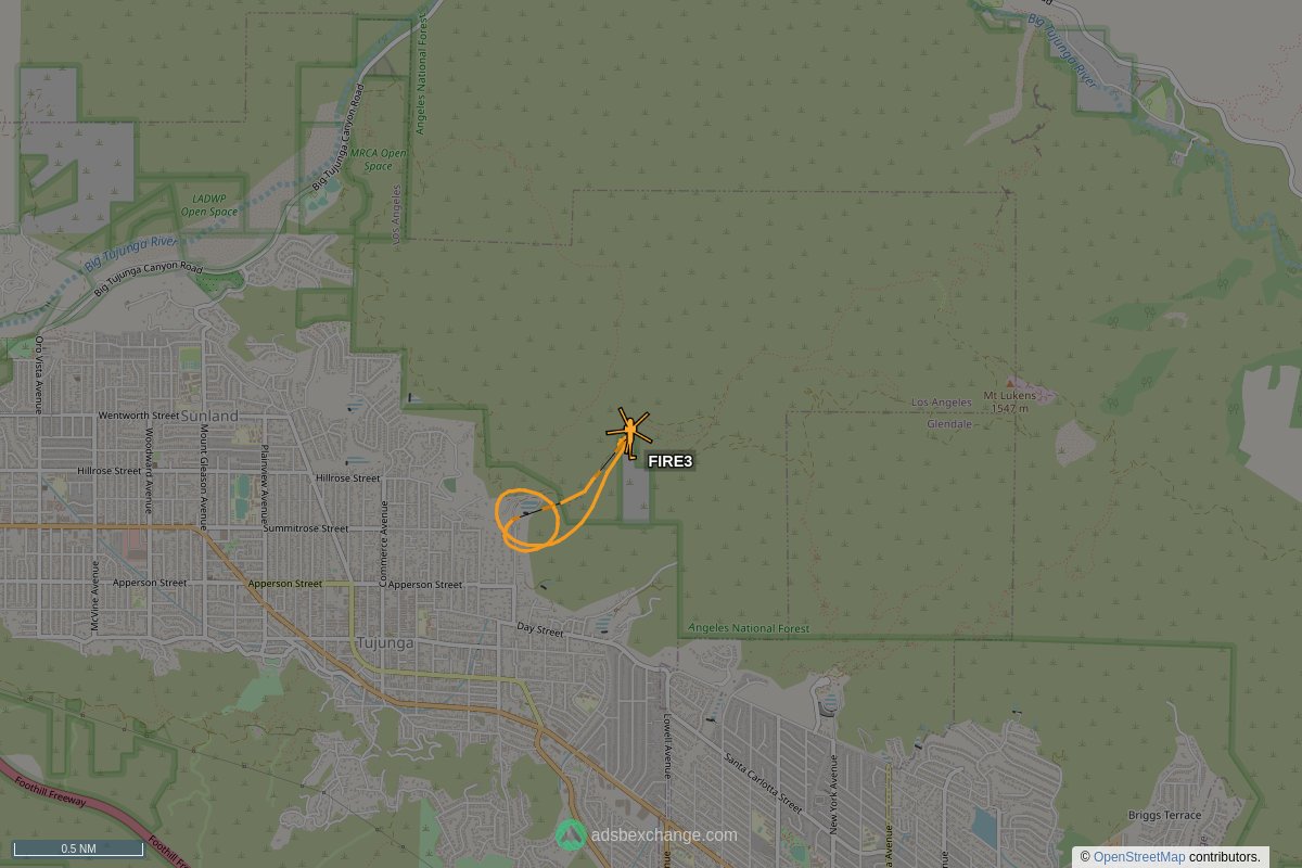 ffoverhead's tweet image. LAFD aircraft #N303FD callsign #FIRE3 (a A139) was spotted near Tujunga, Los Angeles, CA at approximately 22:11 UTC globe.adsbexchange.com/?icao=a32af8&amp;amp;z… #LAFD #LAFire
