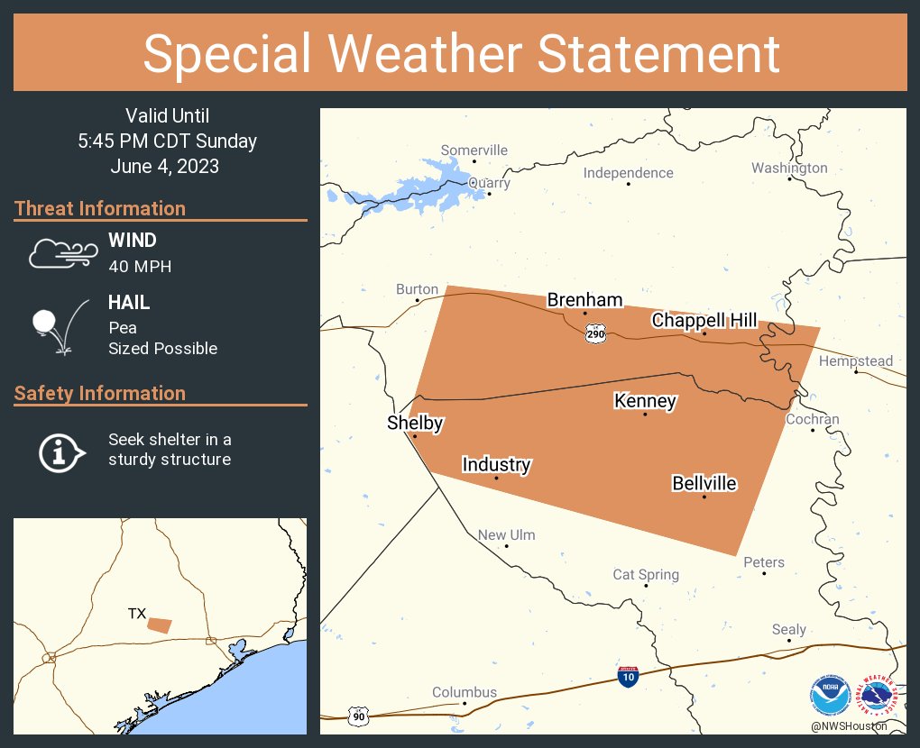 A special weather statement has been issued for Brenham TX, Bellville TX and  Industry TX until 5:45 PM CDT