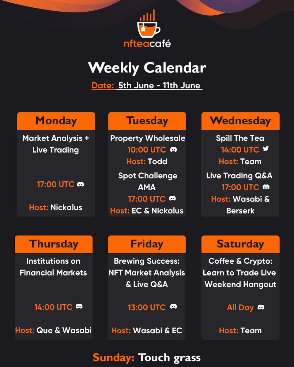 WEEKLY SCHEDULE 🗓️

This Week:

🫖 Live Trading
🫖 Market Updates
🫖 Trading Challenges
🫖 Real Estate Education
🫖 Cutting Edge Market Analysis
🫖 How to Navigate Crypto and NFTs Now
🫖 More...

A to Z, we've got you. Get involved⬇️

Join us: discord.gg/nftea-cafe