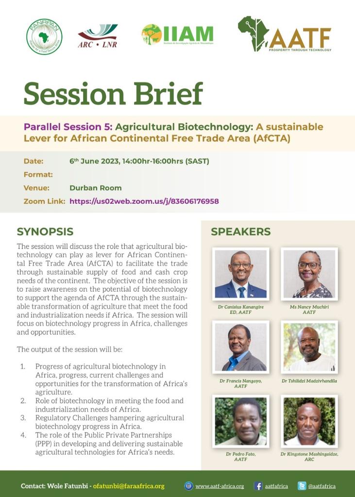 The #AATF sideevent at @FARAinfo Science week in Durban.  

Title: Agricultural Biotechnology: A Sustainable lever for African Continental Free Trade Area @AfCFTA

Date: Tuesday 6 June 2023
Time: 16:30-18:30

Room: Durban @ ICC
#AASW8 #KM4AgD #AASW2023
#AATF