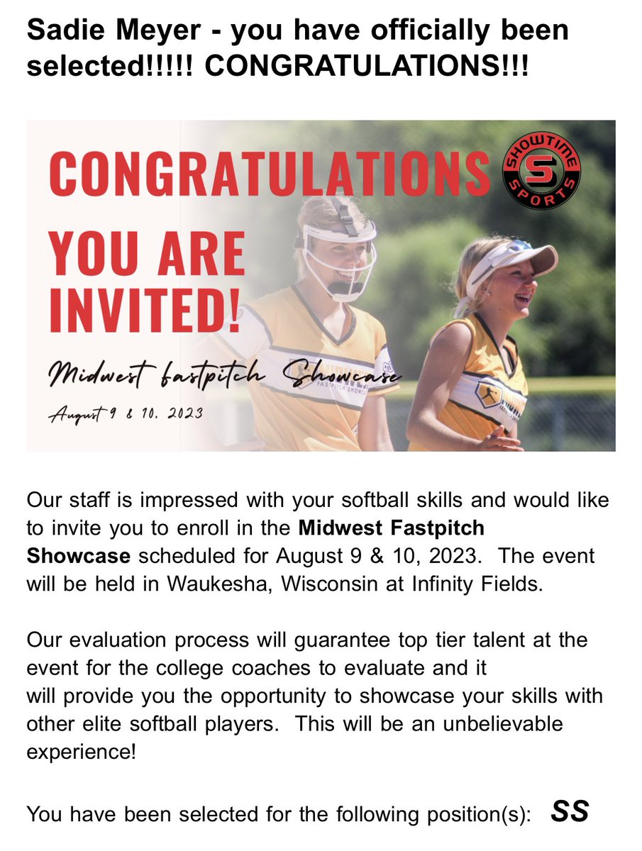 Thank you <a href="/ShowtimeSports1/">Showtime Sports</a> for inviting me to play in the Midwest Fast pitch Showcase this summer! Super excited!