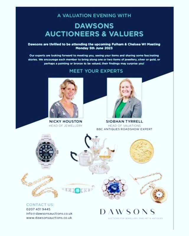 Fulham & Chelsea WI (@fulhamwi) on Twitter photo June’s meeting tomorrow, Monday 5th, 7.30pm with <a href="/DawsonsAuctions/">Dawsons Auctioneers</a> at <a href="/HollywoodSW10/">The Hollywood Arms</a> - hope to see you there! Members only. June’s meeting tomorrow, Monday 5th, 7.30pm with <a href="/DawsonsAuctions/">Dawsons Auctioneers</a> at <a href="/HollywoodSW10/">The Hollywood Arms</a> - hope to see you there! Members only.